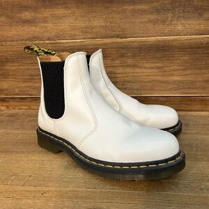 Dr. Martens White Chelsea Boots with Black Elastic and Yellow Stitching